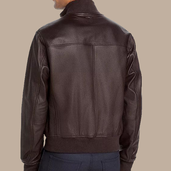 Seamless Brown Bomber Leather Jacket For Men Back