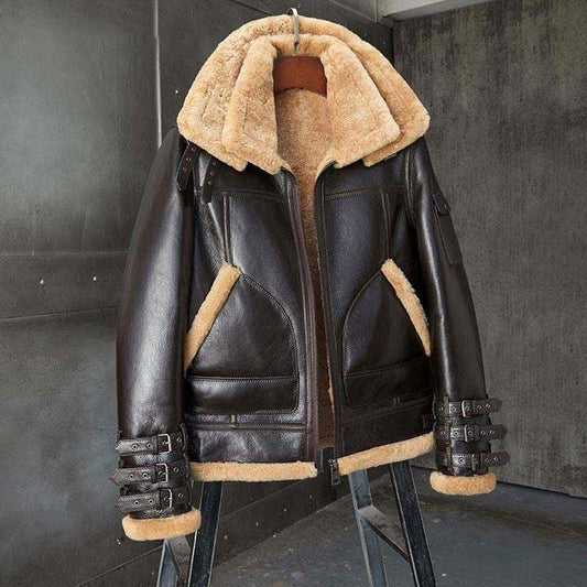 Mens Shearling Coat B3 Bomber Jacket Short Fur Coat Fashion Motorcycle Jacket
