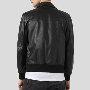 Shirt Style Collar Black Leather Bomber Jacket For Mens