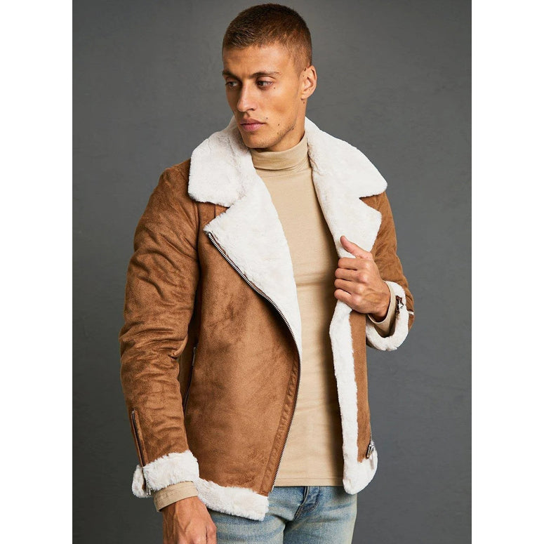 Mens Faux Fur Lined Suede Aviator Jacket - Main Image