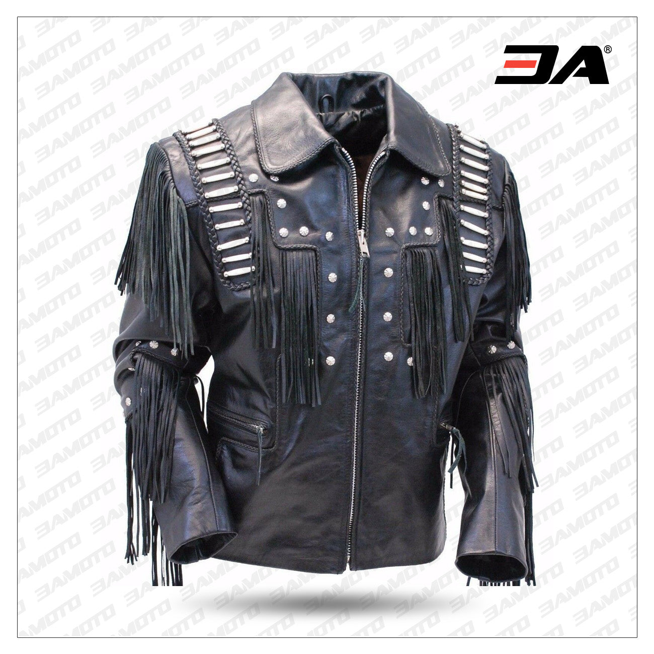 Men's western leather cowboy jacket with fringe, bones, and beads for an authentic look
