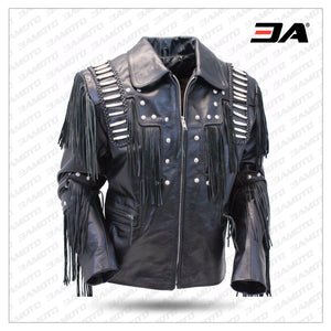 Traditional Mens Western Leather cowboy Jacket coat with fringe bones and beads