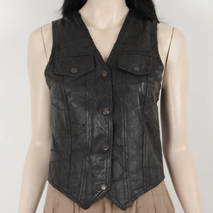 Vintage 90s Women Black Real Leather Vest