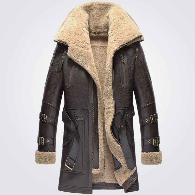 Men's Vintage Shearling Leather Trench Coat Sheepskin Coat