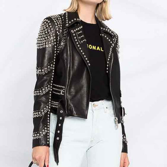 Women Biker Style Studded Leather Jacket