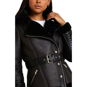 Women Black Shearling Leather Jacket