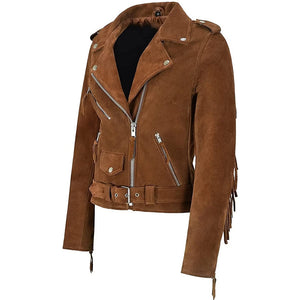 Women Brown Suede Leather Western Style Fringed Jacket
