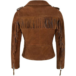 Women Brown Suede Leather Western Style Fringed Jacket