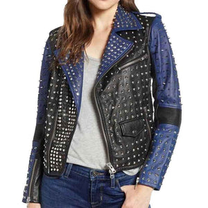 Women Two Color Punk Style Studded Leather Jacket