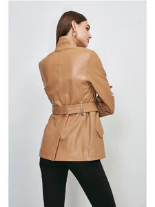 Women’s Trendy Tan Beige Sheepskin Leather Blazer With Belt