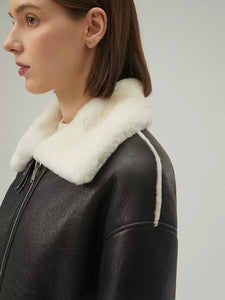 Women’s Black Leather White Shearling Collar Fur Jacket