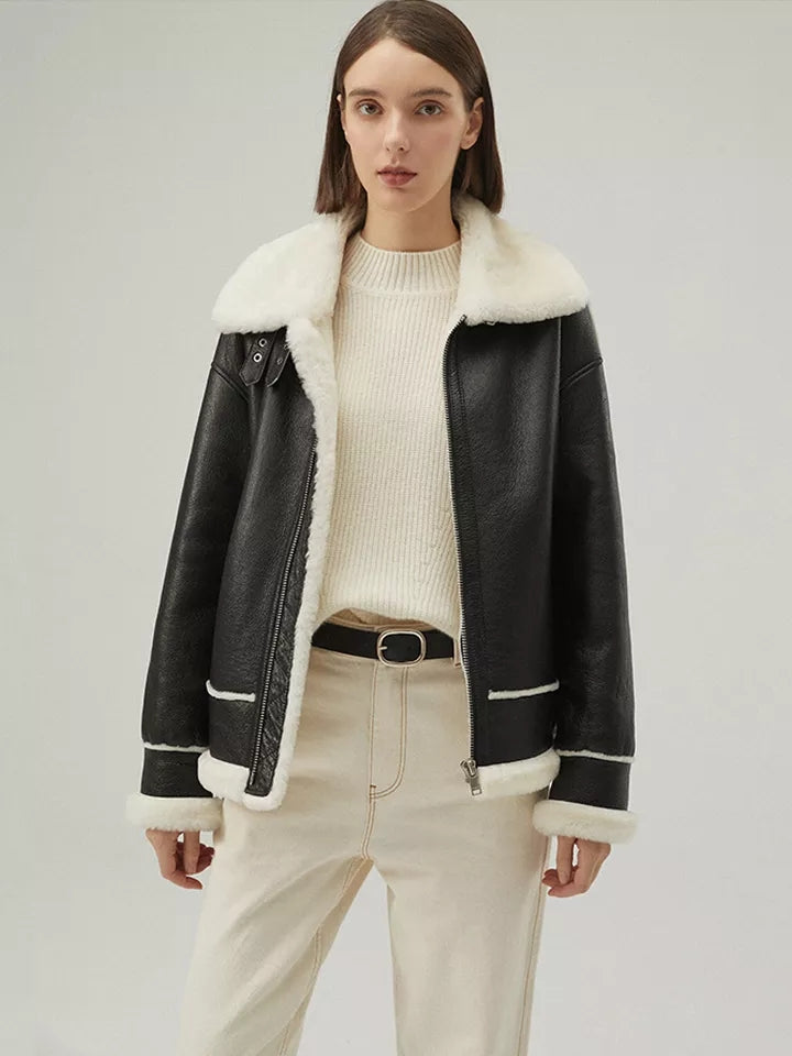 Women's Black Leather White Shearling Collar Fur Jacket