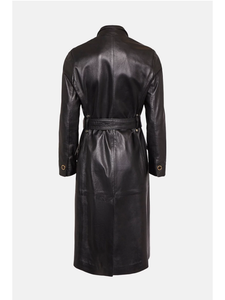 Women’s Black Sheepskin Genuine Leather Trench Coat With Belt