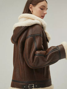 Women’s Chocolate Brown Leather Shearling Removable Hood Coat