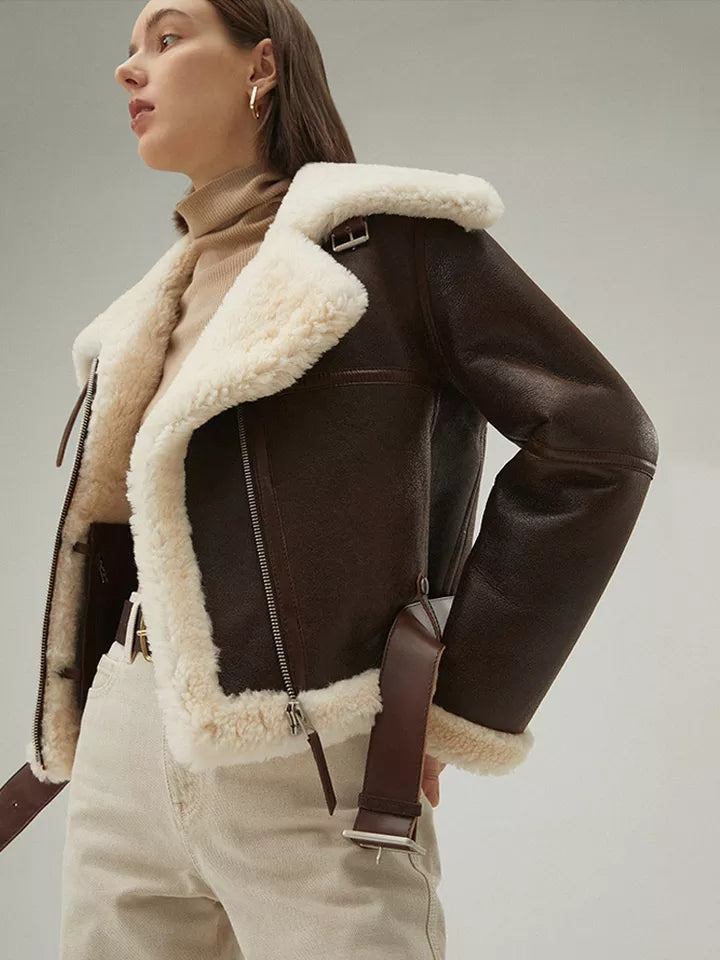 Womens Dark Brown Leather Shearling Coat Aviator Jacket 4733