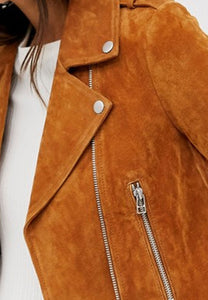 Women’s Genuine Tan Brown Suede Leather Biker Jacket