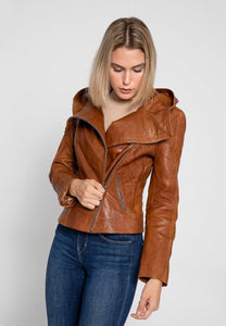 Women’s Tan Brown Leather Hooded Biker Jacket