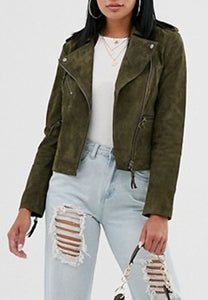 Women’s Trendy Green Suede Leather Biker Jacket