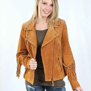 Womens Native American Western Style Suede Leather Jacket Brown