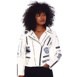 Womens Studded Leather Jacket with Multi Patches