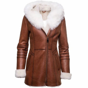 Womens Tan Shearling Trench Style Leather Coat with Fur Hooded