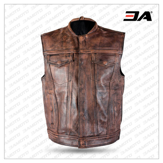 Men’s Distressed Brown Leather Premium Cowhide Vest