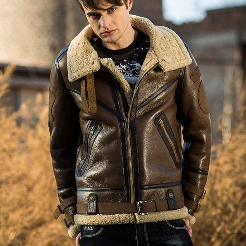 Mens Military Aviator Shearling Fur Brown Leather Jacket