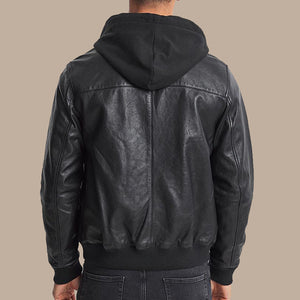 black leather hooded bomber jacket for men