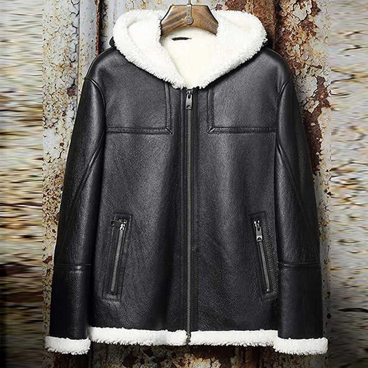 Men's Black Sheepskin Leather White Shearling Jacket with Hood