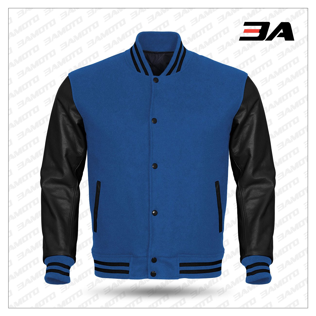 Black Leather Sleeves Blue Wool Varsity Jacket