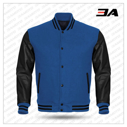 Black Leather Sleeves Blue Wool Varsity Jacket