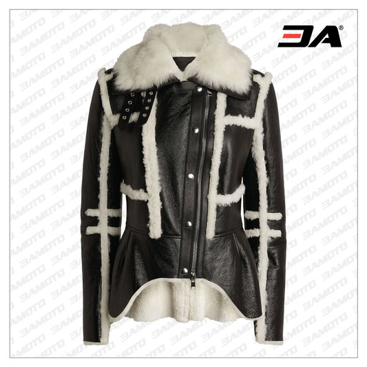 Black Shearling Leather Fur Biker Coat