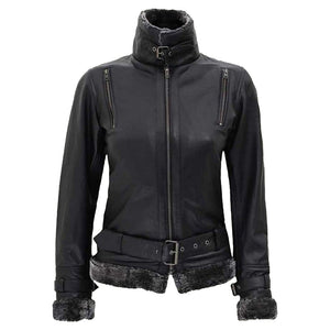 black belted shearling leather jacket womens