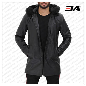 black leather jacket with fur hood