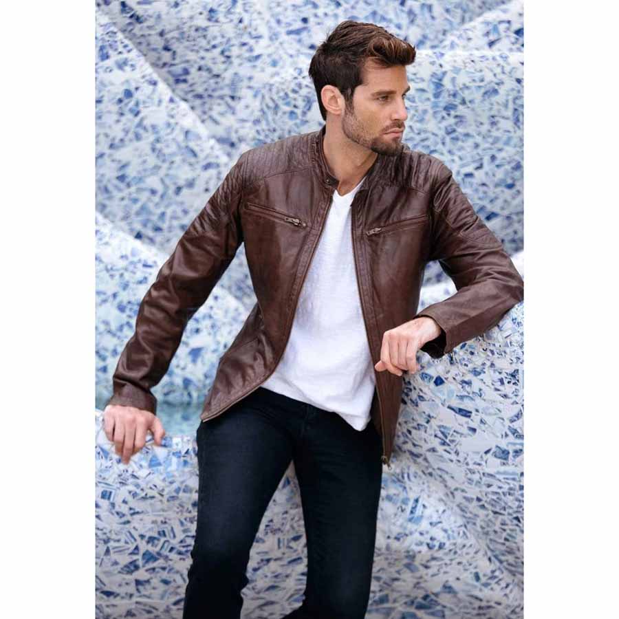 Mens Maroon Leather Biker Jacket Crew Neck Back