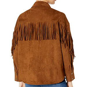 Women's Etta Button Front Collared Jacket with Fringe Sleeves