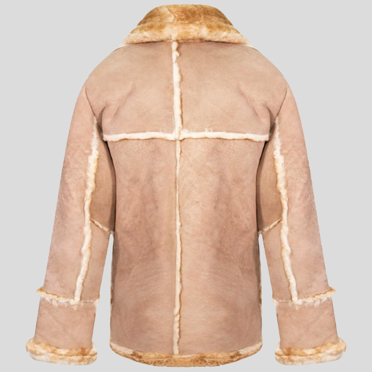 Mens Beige Vintage Sheepskin Overcoat Back