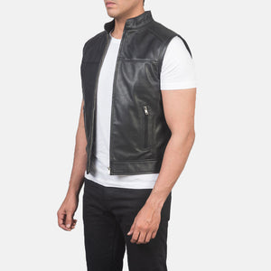mens black leather biker vest