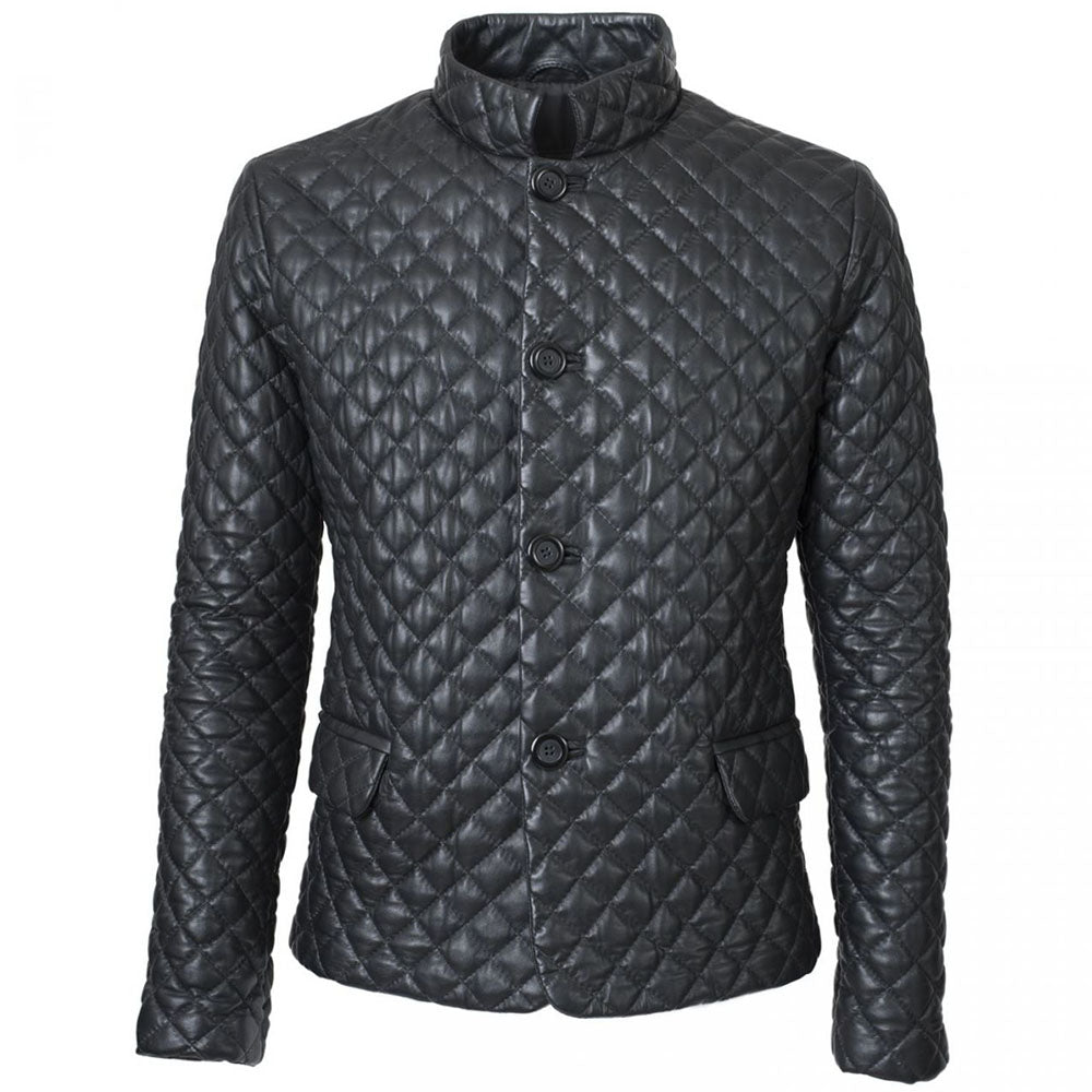 Mens Black Leather Puffer Jacket With Diamond Quilted