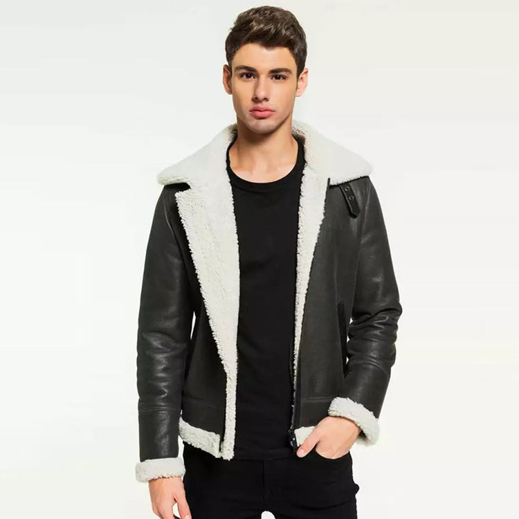 Men's Black Leather White Shearling Jacket Buy Shearling Jacket Mens