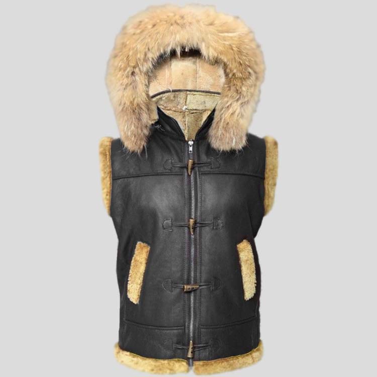 Buy Mens Black B3 Aviator Fur Shearling RAF Leather Vest with Hood