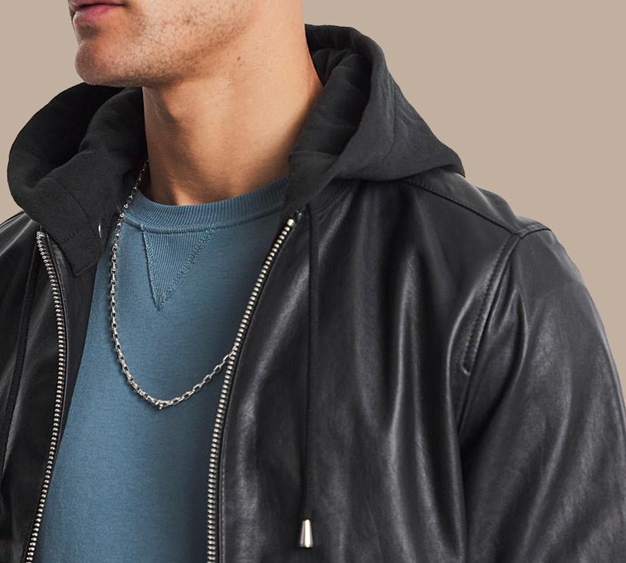 mens leather jacket with hood
