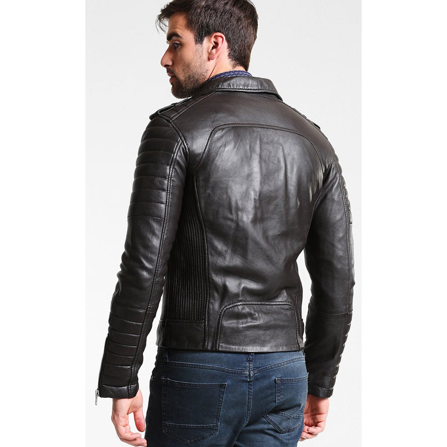 mens premium black leather biker jacket back