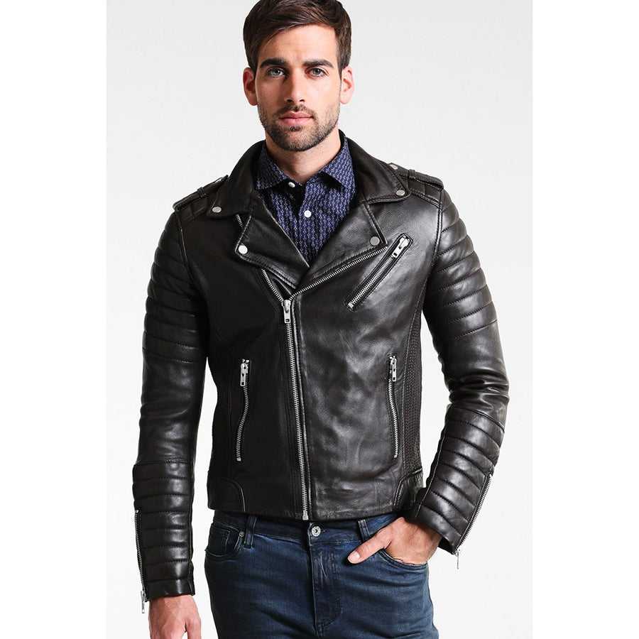mens premium black leather biker jacket