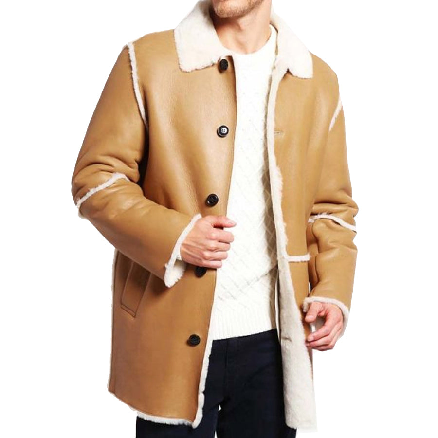 Mens Tan Brown Shearling Car Coat