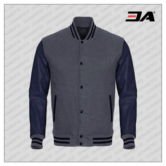 Navy Blue Faux Leather Sleeves Gray Wool Varsity Jacket