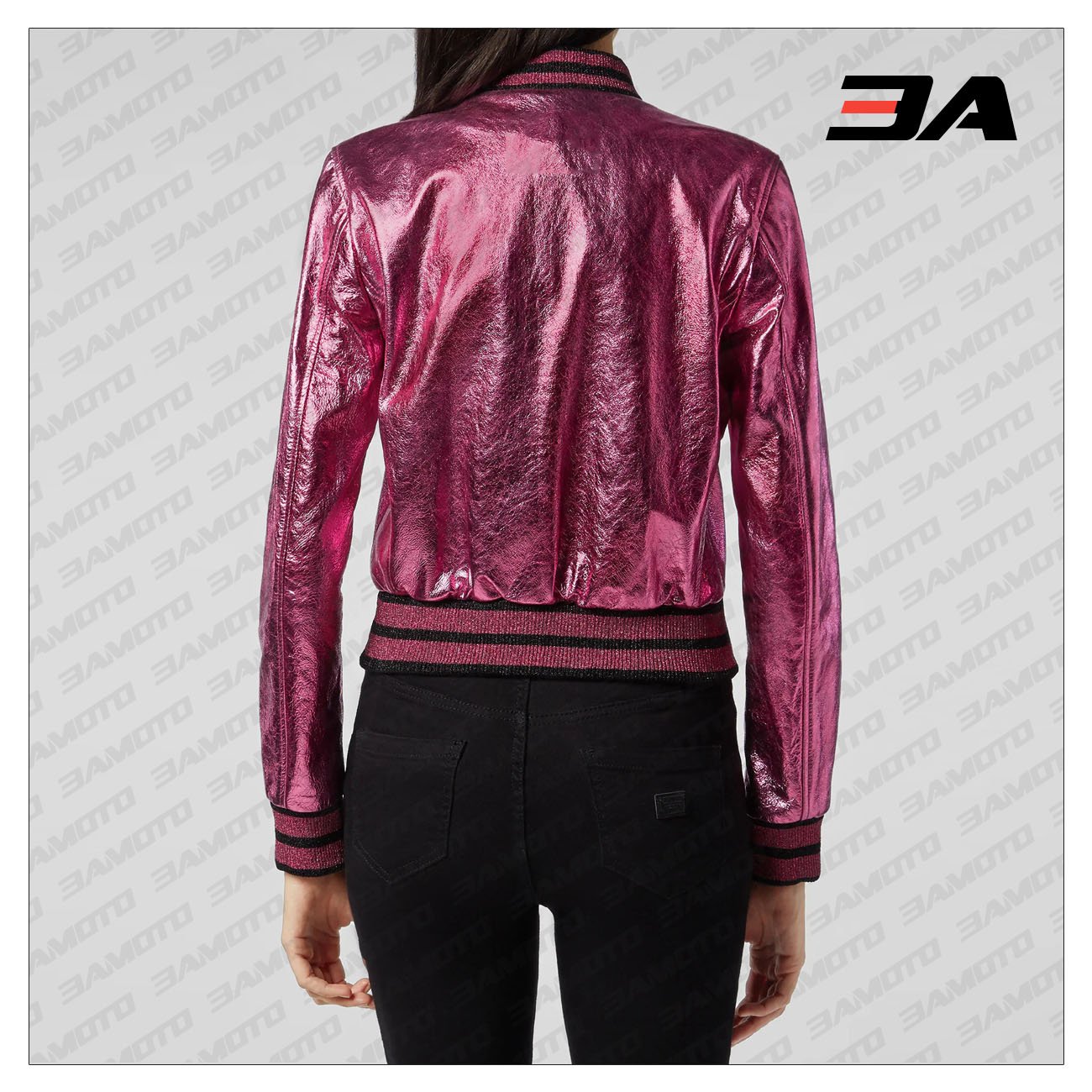Pink Metallic Bomber Studded Biker Jacket - 3A MOTO LEATHER