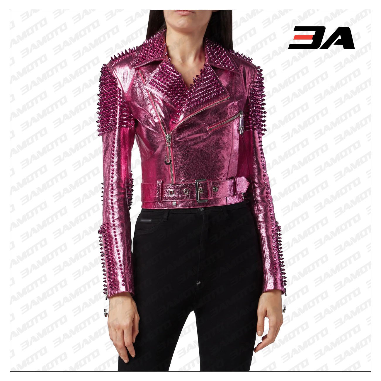 Pink Metallic Studded Biker Jacket - 3A MOTO LEATHER