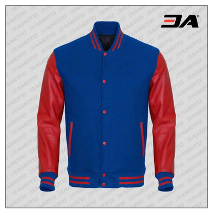 Red Faux Leather Sleeves Blue Wool Varsity Jacket