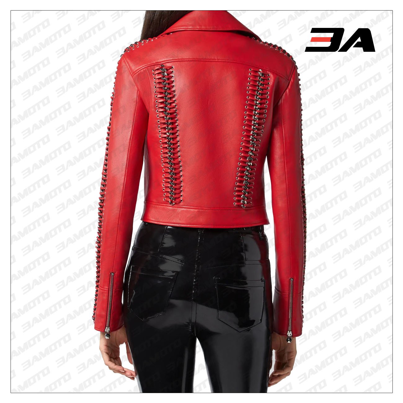 Red Perfecto Crystal Work Biker Jacket - 3A MOTO LEATHER